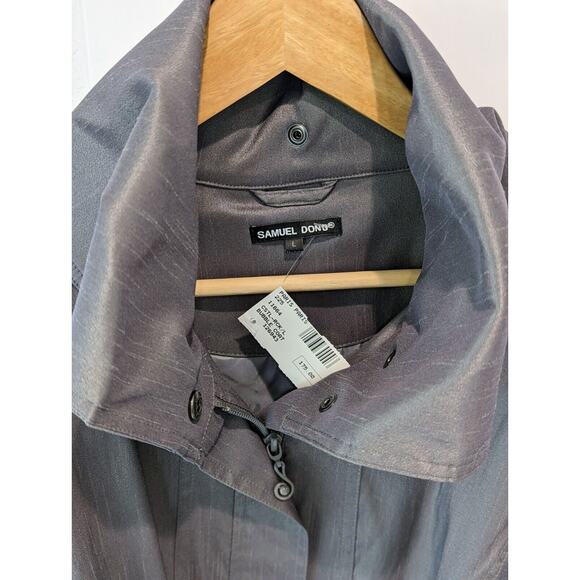 SAMUEL DONG Bubble Hem Trench Coat Dress SZ L Silver Gray Belted Party Event NWT - Picture 2 of 9